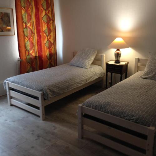 a bedroom with two beds and a lamp on a table at LES OISEAUX (L'HIRONDELLE) in Rouen
