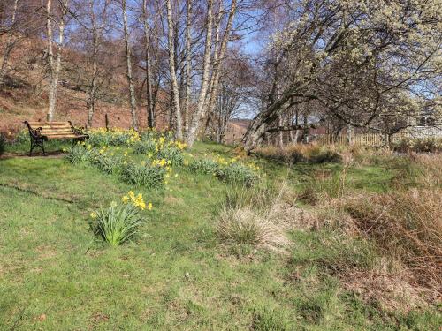 a park bench sitting in a field of flowers at Larch in Newtonmore