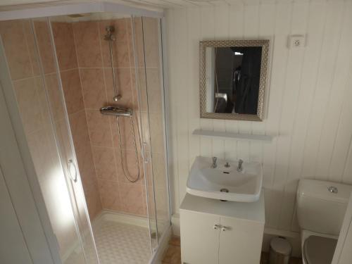 une salle de bain avec douche et lavabo dans l'établissement maisonnette entre plage et port, à Pornic