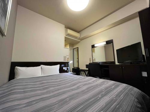 a hotel room with a bed and a television at Hotel Route-Inn Toyotajinnaka in Toyota