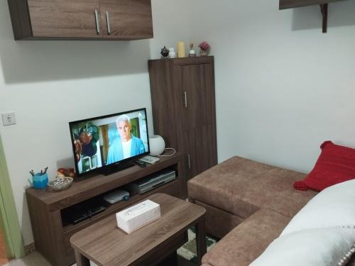 a living room with a television on a wooden cabinet at La Guaja vivienda de uso turístico in Olleros de Sabero