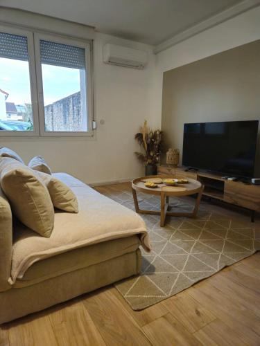 a living room with a couch and a flat screen tv at L'Ecrin des Thermes in Amnéville