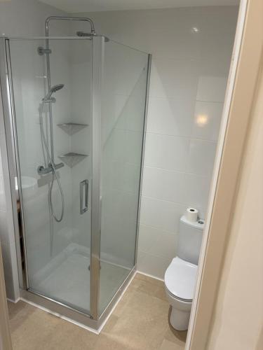 a bathroom with a glass shower with a toilet at Auberge de Saugras in Argelliers