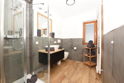 a bathroom with a shower and a sink and a toilet at Haus Alpenblick in Oberjoch