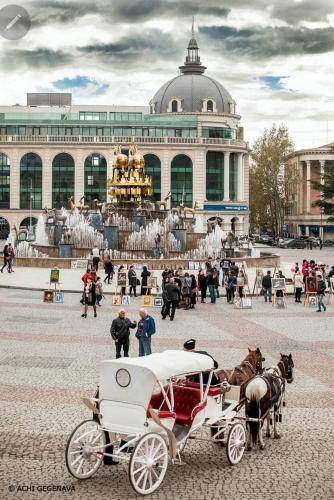 a horse drawn carriage in front of a building at Central House in Kutaisi