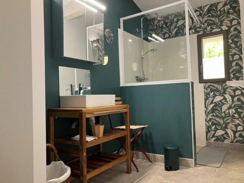 La salle de bains est pourvue d'un lavabo et d'un mur bleu. dans l'établissement maison de village avec patio, à Aspiran