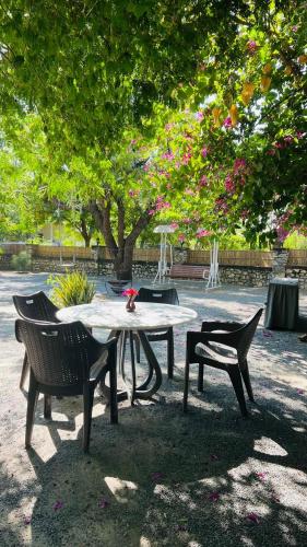 a table and two chairs sitting under a tree at Jawai Greens in Jawāi Bāndh