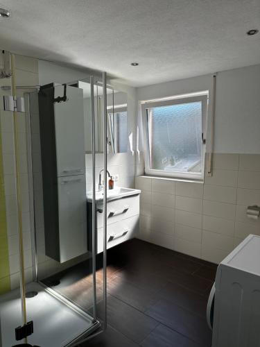 a bathroom with a glass shower and a sink at Family Apartment Bavaria in Füssen