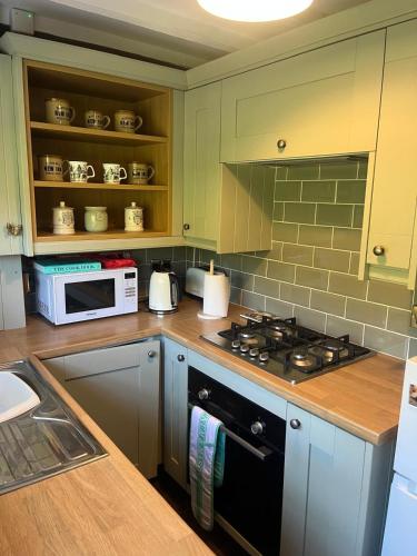 a kitchen with a stove and a microwave at Riverside Cottage in Ironbridge