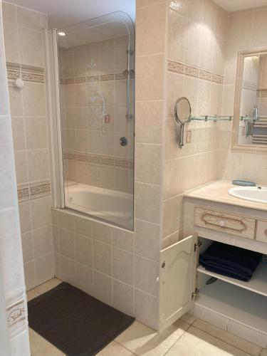 une salle de bain avec douche et lavabo dans l'établissement Mazet des Cèdres au pied de la colline, à Lagnes
