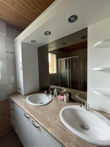 une salle de bain avec deux lavabos et un grand miroir dans l'établissement L'oustal d'Aubrac, à Le Nayrac