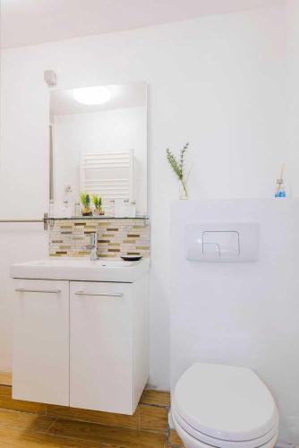une salle de bain blanche avec des toilettes et un lavabo dans l'établissement Cosy studio for 2 people - Jardin du Luxembourg, à Paris