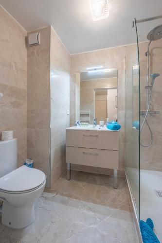 une salle de bain avec toilettes, douche et lavabo dans l'établissement Apartment with parking and balcony near the beach, à Deauville