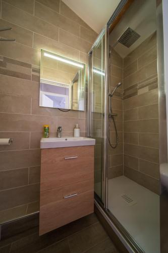 une salle de bain avec un lavabo et une douche dans l'établissement Maison au bord du bassin de Thau, à Marseillan