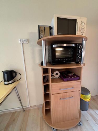 Un four micro-ondes est installé au-dessus d'un support en bois. dans l'établissement StudiosMichel apt 17 balcon thermes 400m à pied, à Cazaubon