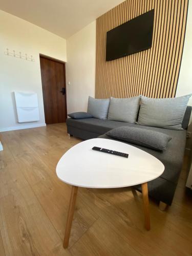 a living room with a couch and a coffee table at U Aktorów - Pokoje Gościnne in Elblag