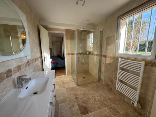 une salle de bain avec un lavabo et une douche dans l'établissement La maison de la Corniche, à Plouhinec