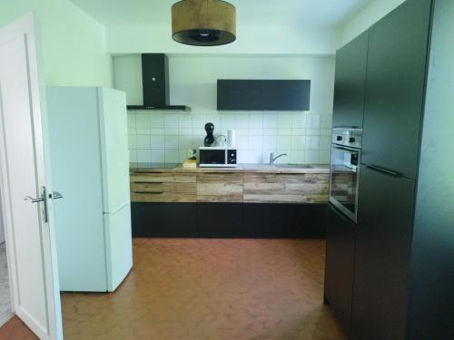 une cuisine avec un réfrigérateur et un micro-ondes dans l'établissement L'étang du griffolet, à Ussac