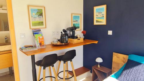 Cette chambre dispose d'une cuisine avec un comptoir et des tabourets. dans l'établissement Au Bord de Loire, à Chouzy-sur-Cisse