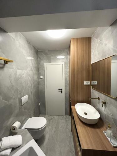 a bathroom with a white toilet and a sink at Villa Maksan - Sea View, Jacuzzi & BBQ Garden in Pakoštane