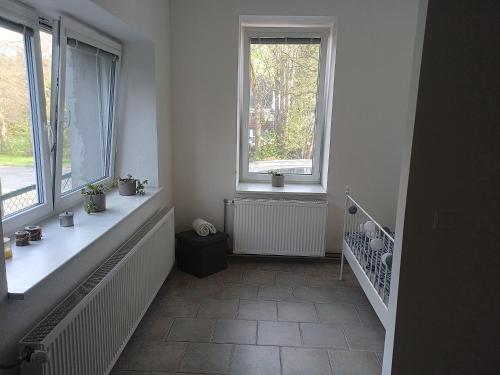 - un couloir avec deux fenêtres et du carrelage dans l'établissement Stylový byt v mikroregionu Šternbersko Uničovsko, à Paseka
