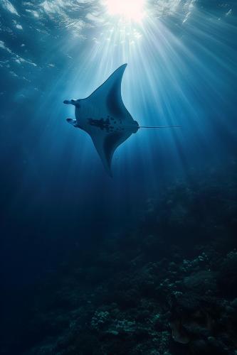 a shark swimming in the ocean with the sun behind it at Sirru Fen Fushi Private Lagoon Resort Maldives in Shaviyani Atoll