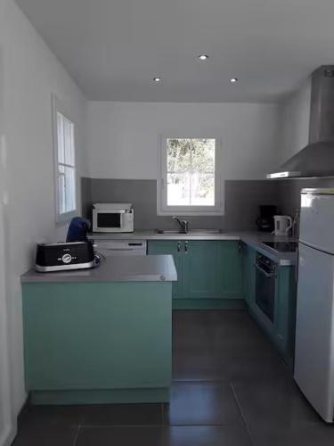 une cuisine avec des armoires vertes et un réfrigérateur blanc dans l'établissement Maisons à 200 m de la plage, à Saint-Pierre-dʼOléron