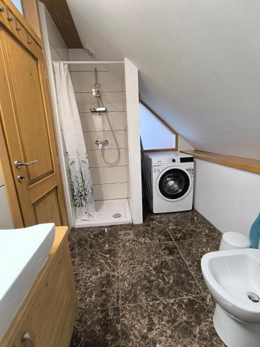 a bathroom with a toilet and a washing machine at Apartma Tima in Bovec