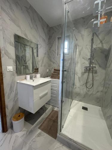 une salle de bain avec douche et lavabo dans l'établissement Appartement T3, Wi-Fi ,climatisé 2ème étage et dernier étage, à Marseille