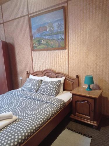 a bedroom with a bed and a table with a lamp at Zakarpatska Kolyba in Odesa