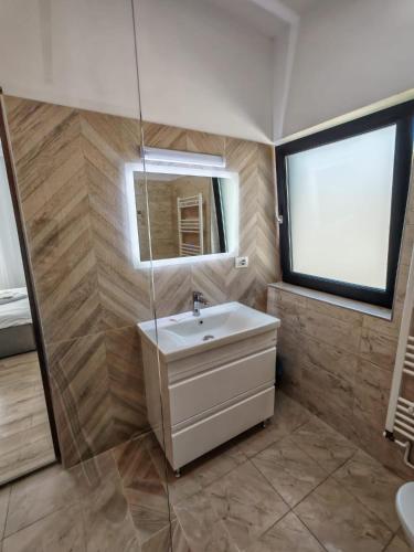 a bathroom with a sink and a mirror at Maramures Landscape in Moisei