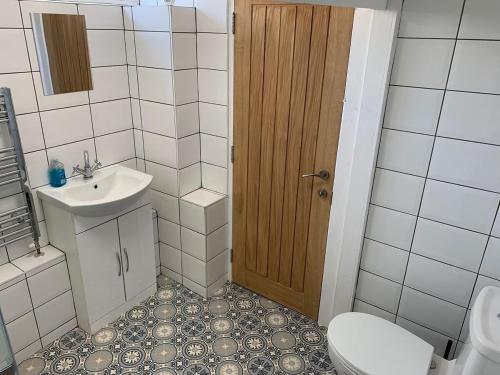 a bathroom with a toilet and a sink and a door at St James Dairy in Ilfracombe