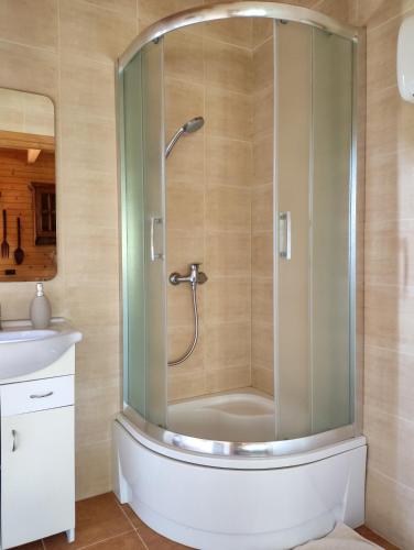 a shower with a glass door in a bathroom at Domek Hortensja in Zawady