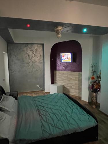 a bedroom with a bed and a tv on a wall at Răsfăț cazare in Focşani