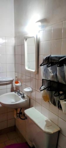 a bathroom with a sink and a toilet and a mirror at Alojamiento FARAH in Caviahue