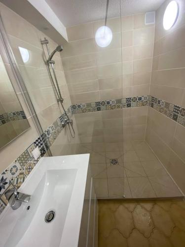 une salle de bain avec douche et lavabo dans l'établissement Logement bord de mer, à Saint Cyprien Plage