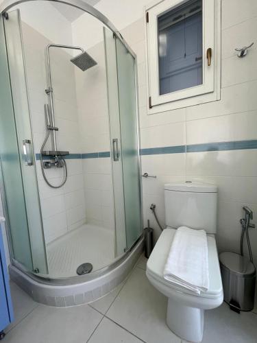 a bathroom with a shower and a toilet at Villa Santorini Serenity with private Pool in Monolithos