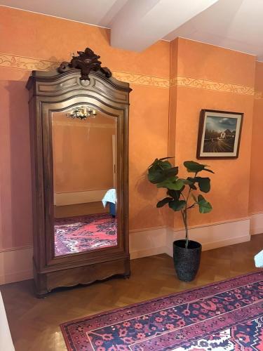 a large mirror in a room with a plant at Castel Rochefort sur Nenon Jura in Rochefort-sur-Nenon