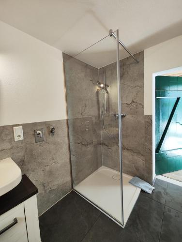 a shower with a glass door in a bathroom at Zimmervermietung Leuba in Ostritz
