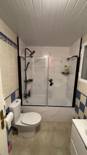 a bathroom with a white toilet and a shower at Calanuza in El Campello