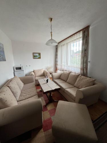 a living room with a couch and a table at Bayrakova Guest House in Dobrinishte