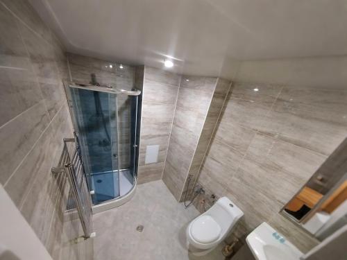 a bathroom with a toilet and a shower and a sink at Arena Hotel Shirvan in Əli Bayramlı Stansiyası