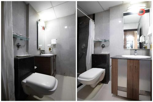 two pictures of a bathroom with a toilet and a sink at Collection O Kumaranalloor Formerly San Jose Inn in Pāmbādi