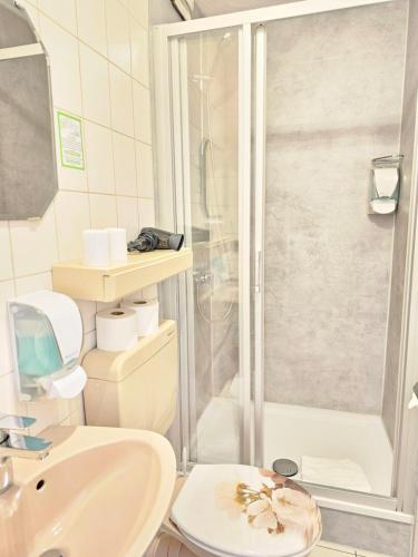 a bathroom with a shower and a toilet and a sink at Gasthof goldener Engel in Kemnath