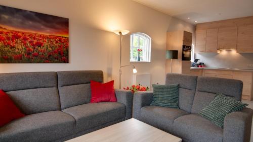 a living room with a couch and red and green pillows at Vakantiehuisjes "De Veldzijde" in Losser