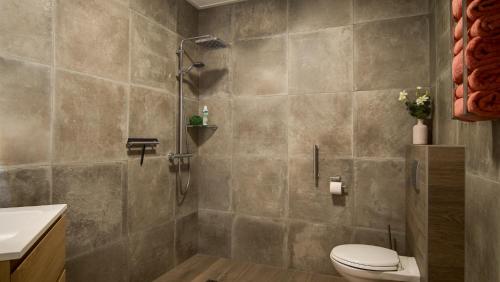 a bathroom with a toilet and a shower at Vakantiehuisjes "De Veldzijde" in Losser