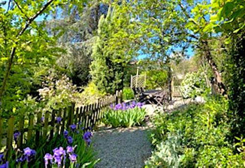 a garden with purple flowers and a wooden fence at Chez Providence Chambres et Table d'Hôtes in Cuxac-Cabardès