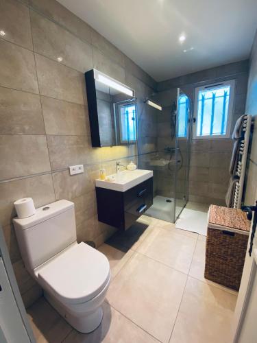 une salle de bain avec toilettes, lavabo et douche dans l'établissement Maison de vacances vue sur les vignes, piscine, trampoline, ping pong et pétanque, à Cogolin