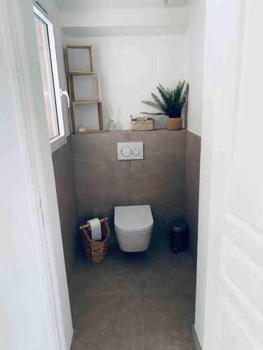 une petite salle de bains avec des toilettes et une plante dans l'établissement Maison de vacances vue sur les vignes, piscine, trampoline, ping pong et pétanque, à Cogolin