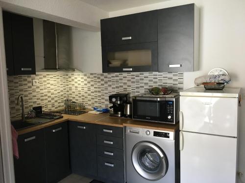 une cuisine avec un lave-linge et un micro-ondes dans l'établissement Venus 15, à Fleury